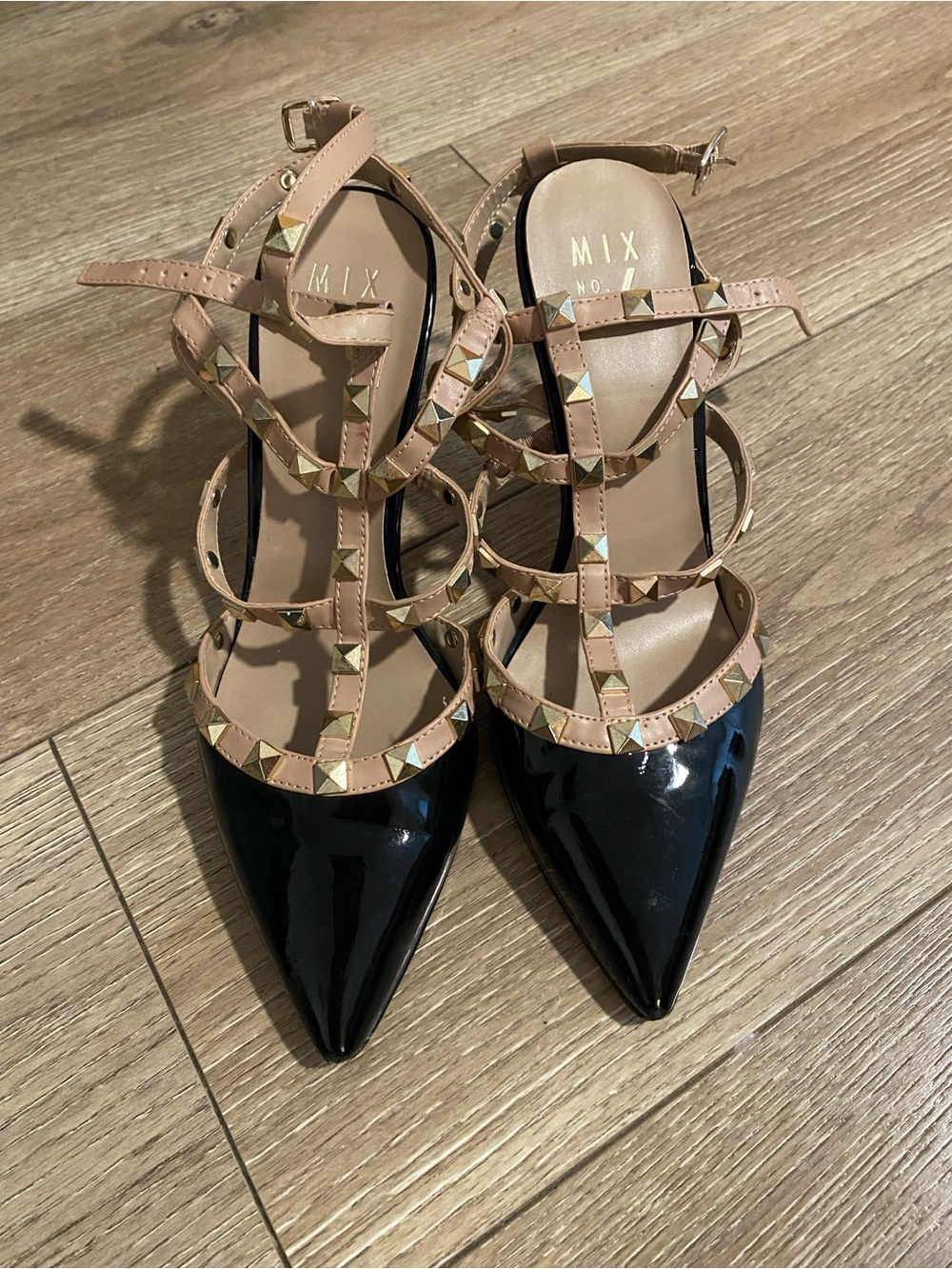 Mix No. 6 Black Patent Pointed-Toe Studded Strappy Heels